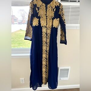Blue Indian Pakistani Dress with Gold Embroidery